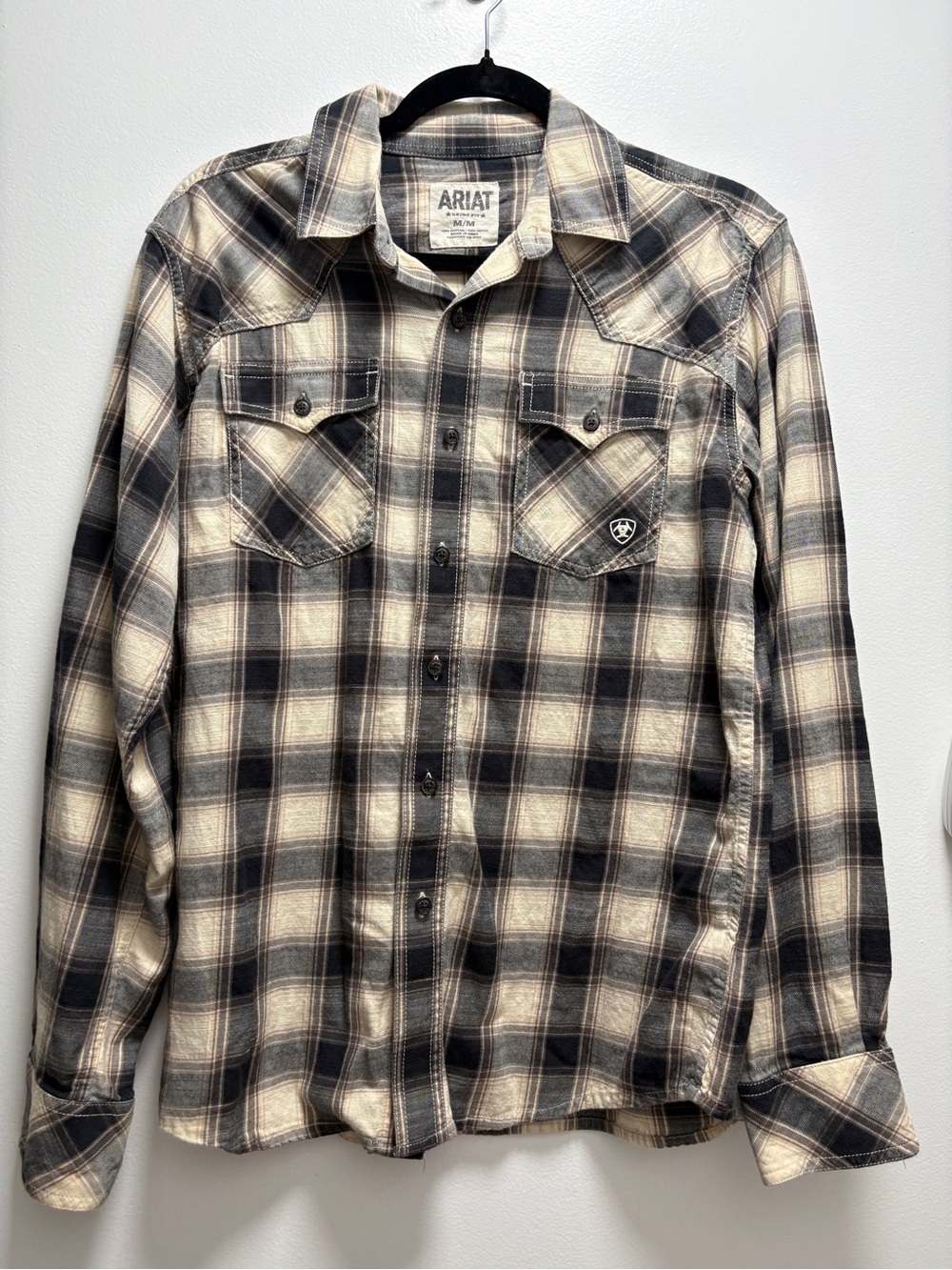 Ariat Black and Cream Plaid Western Working Cowboy Snap-Front Shirt Homestead